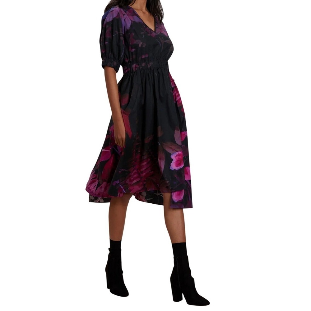THE KIT. Purple Floral Cotton V-Neck Midi Dress with‎ Pockets and Ruffle Size L
